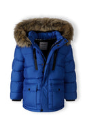 Boys cobalt blue jacket with fleece lining and detachable fur hood