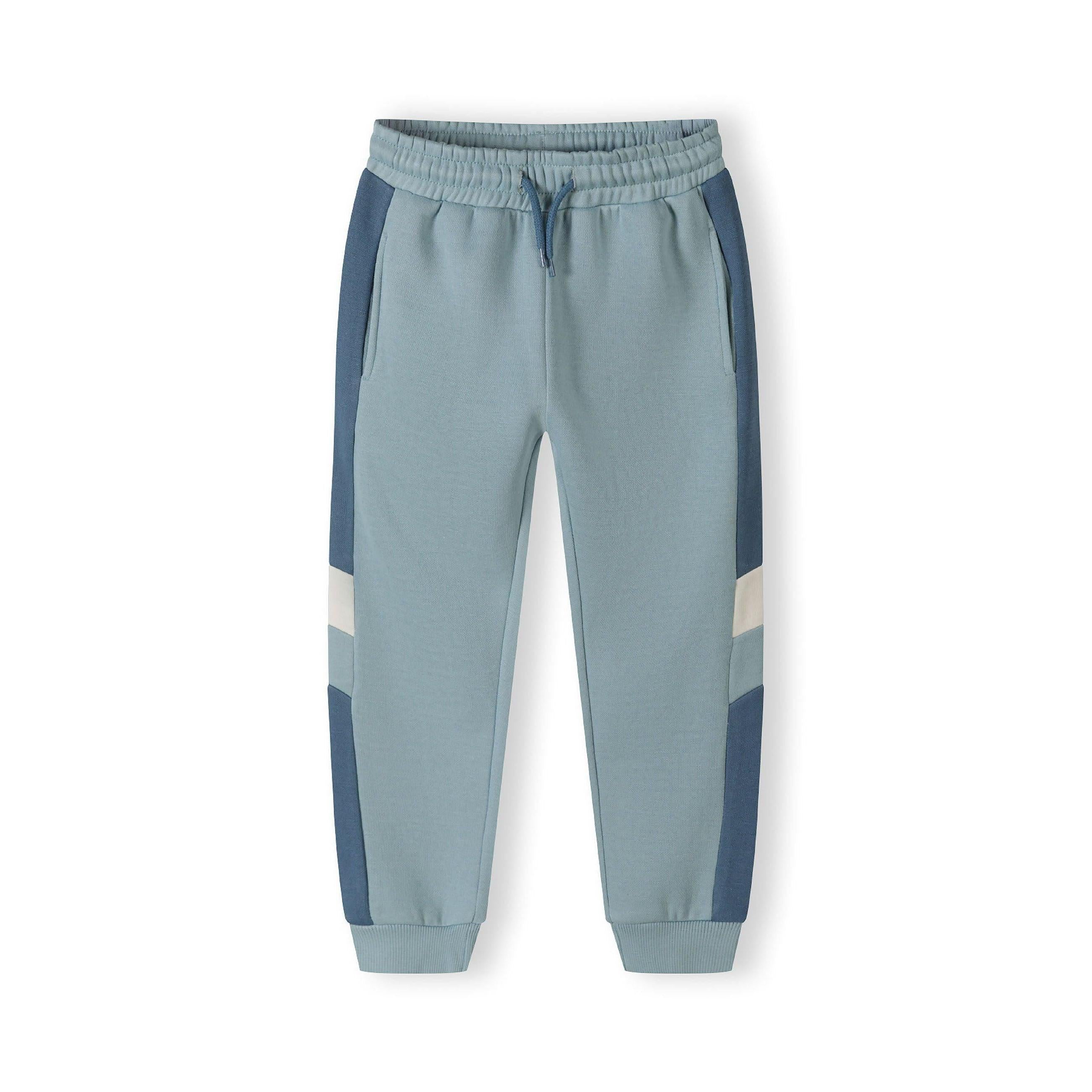 Blue colourblock joggers with drawstring waist and side panel detailing on white background