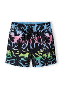 Boys board shorts with mesh lining black 3-14y, featuring a vibrant tropical print with a black base and colorful leaves. Comfortable fit.