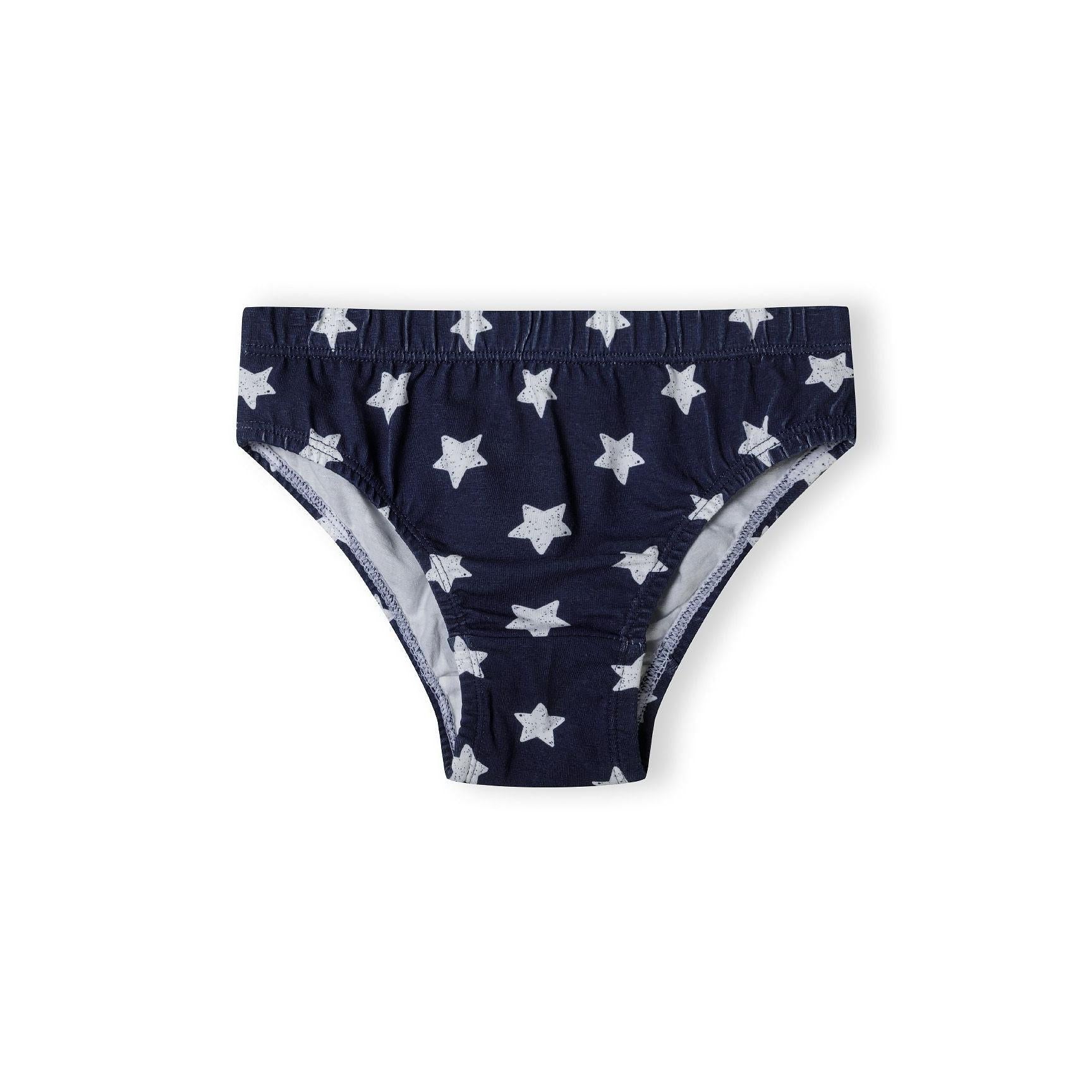 Single navy blue brief with white star print pattern shown laid flat on white background displaying the elastic waistband and comfortable fit design