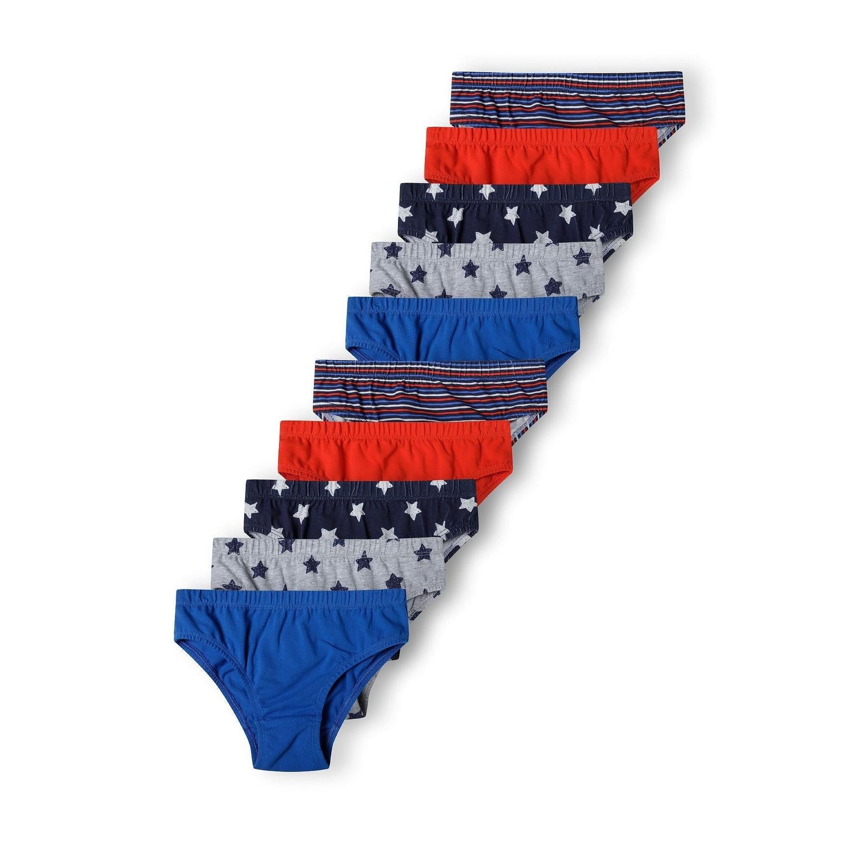 Collection of 10 boys' briefs arranged in a fan pattern showing various designs including navy stripes, orange solid, navy with white stars, grey with navy stars, and royal blue solid colours on white background
