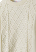 Cream boys cable knit crew neck sweater with diamond texture