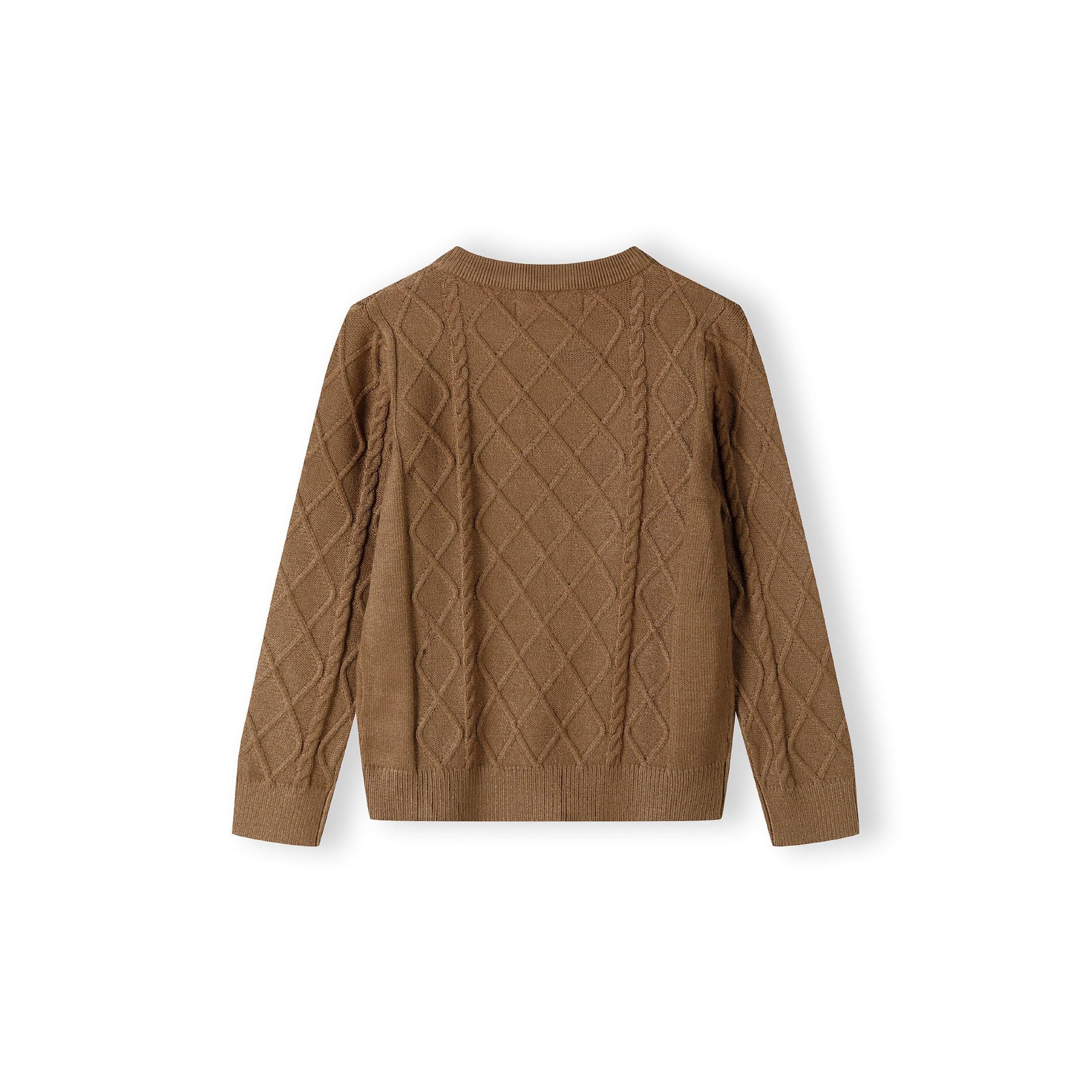 Brown cable knit jumper laid flat showing full garment with diamond textured pattern and crew neck on white background