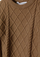 Boys camel cable knit crew neck sweater with diamond pattern