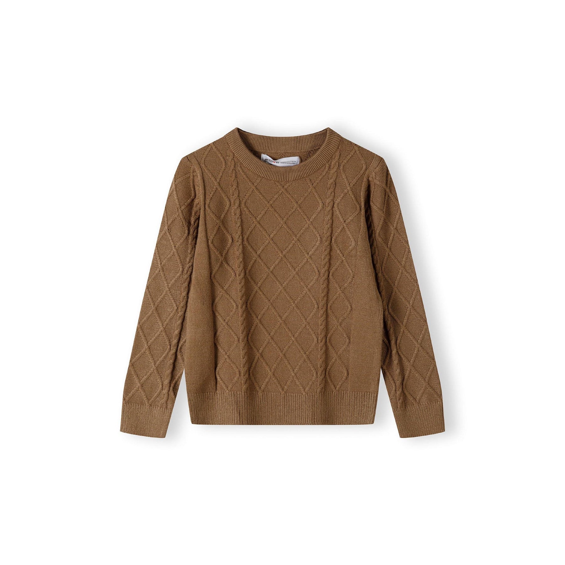 Brown cable knit jumper laid flat showing full garment with diamond textured pattern and crew neck on white background