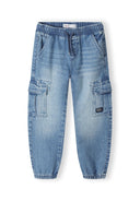 Boys cargo jeans in light wash denim with drawstring joggers