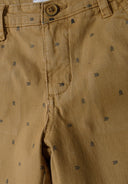 Boys chino shorts in tan with subtle pine tree pattern and turn-up hems