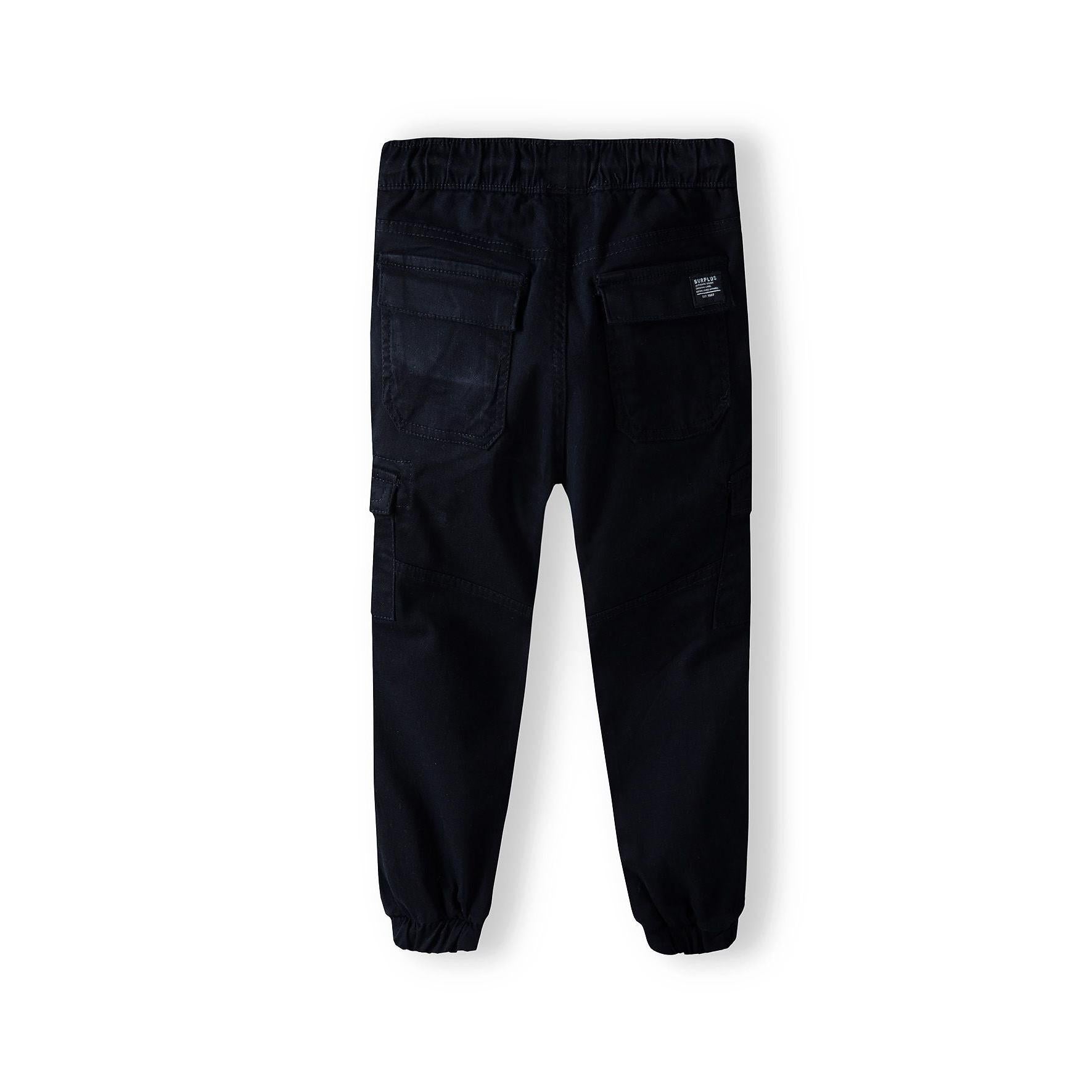 Back view of navy combat trousers showing rear pockets and elasticated cuffs on white background