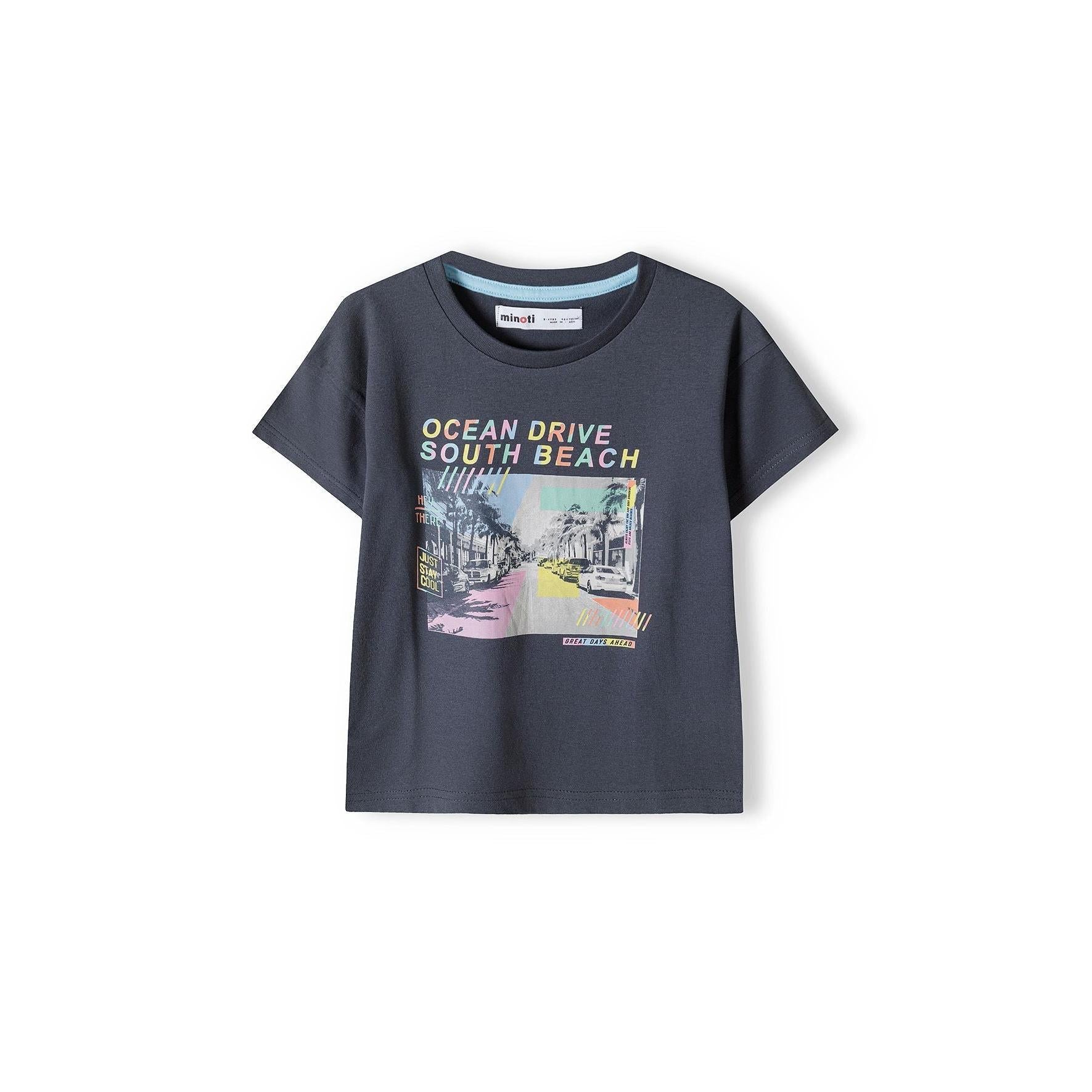 Grey t-shirt with Ocean Drive South Beach print displayed on white background, front view