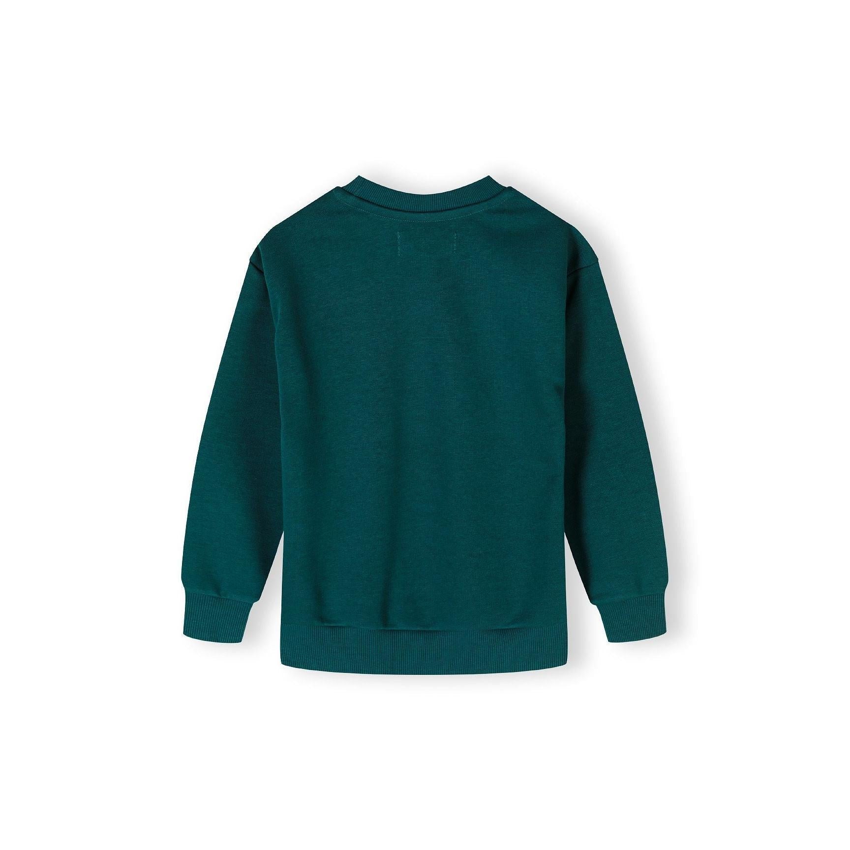 Back view of dark green crew neck sweatshirt showing plain design and ribbed neckline detail on white background