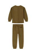 Boys crew neck sweatshirt and joggers set elasticated brown 3-14y. Comfortable brown cotton fabric with elasticated cuffs and waistband. 