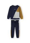 Boys crew neck sweatshirt and joggers set with panels navy 1-8y, featuring contrasting colors and a comfortable fit.