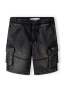 Boys denim cargo shorts with drawcord black 3-14y featuring large cargo pockets and elasticated waistband. Comfortable fit.