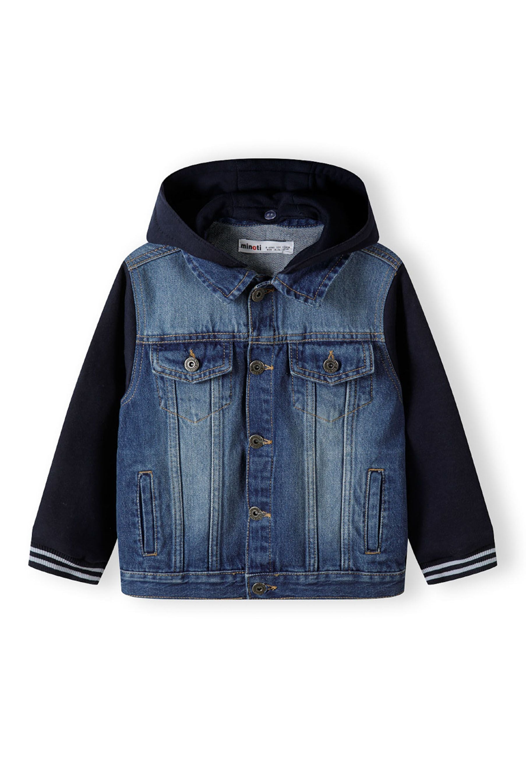 Back view of navy denim jacket with fleece sleeves and detachable hood laid flat on white background showing construction details