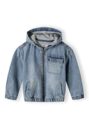 Boys light-wash denim jacket with hood, gray lining and zipper