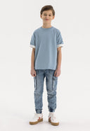 Boys denim jogger cargo jeans elastic waist navy 3-14y featuring elastic cuffs and adjustable waistband for comfort and fit.