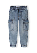 Boys denim jogger cargo jeans elastic waist navy 3-14y featuring elastic cuffs and multiple pockets for functionality.