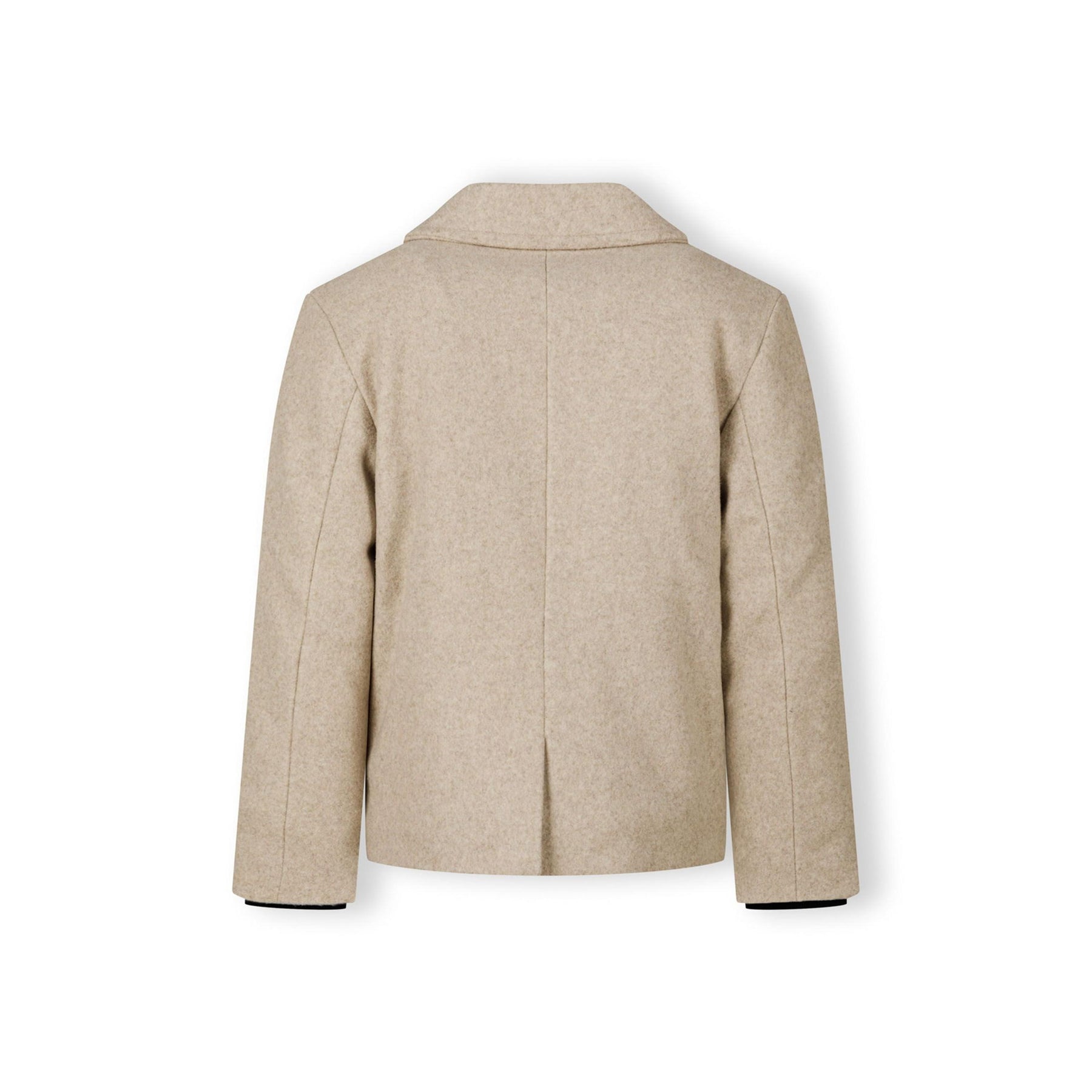 Three-quarter front view of beige double-breasted coat showing collar detail and button placement on white background