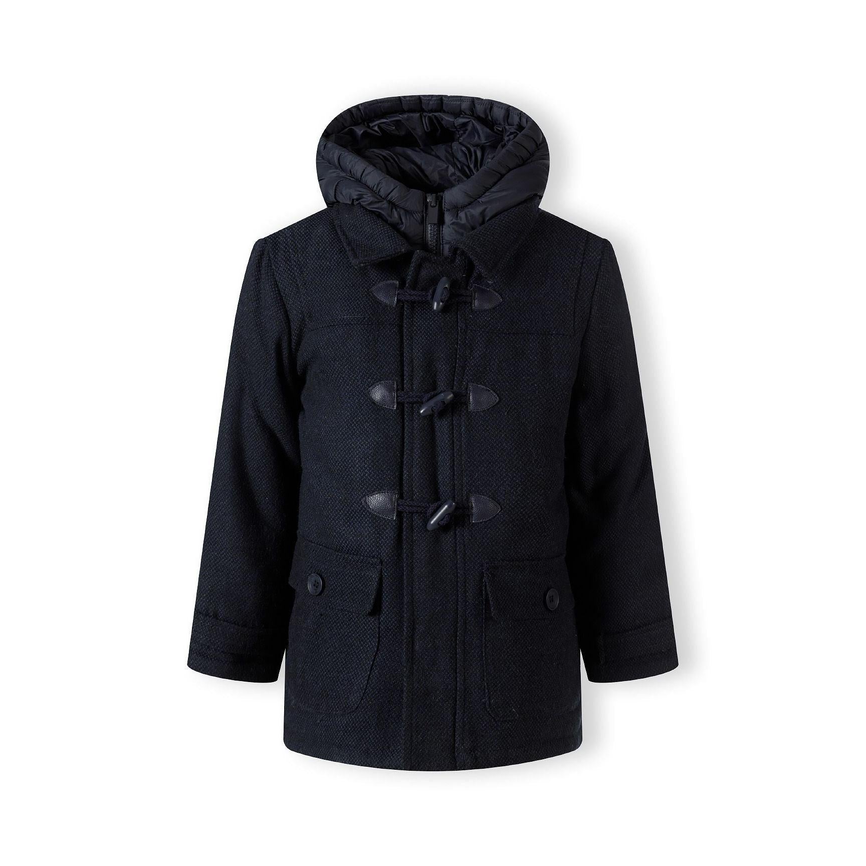 Navy duffle coat laid flat showing back view with textured wool fabric and nylon hood on white background