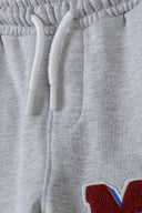 Boys fleece jogpant in gray heather with blue stripes, white drawstrings and red patch