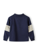 Boys fleece jumper polo collar contrasting panels navy 3-14y featuring a navy body and light beige sleeve panels.  
