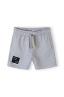 Boys fleece shorts in gray heathered with drawstring and black patch