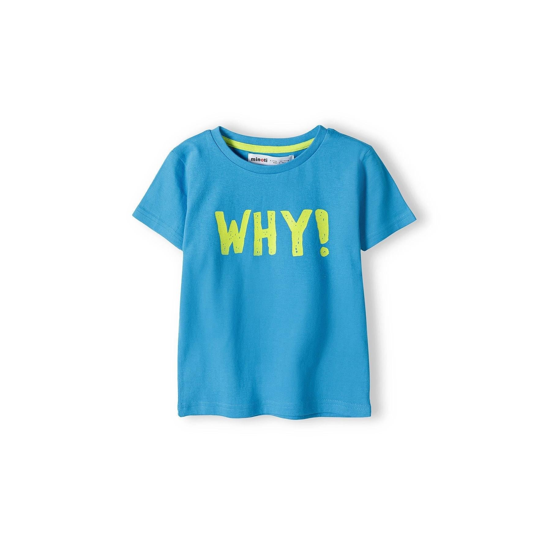 Front view of turquoise cotton t-shirt with yellow WHY! text print on white background