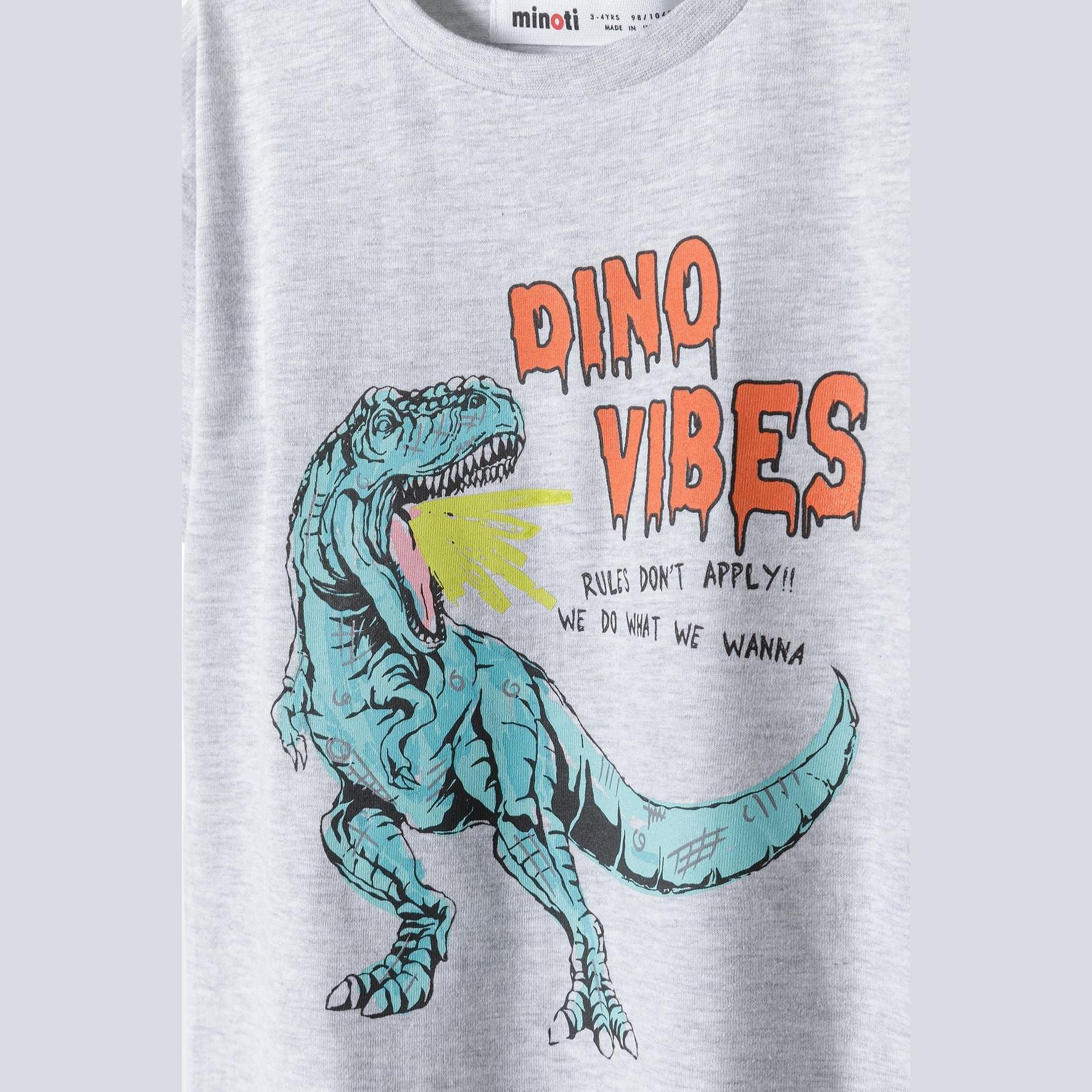 Close-up detail of T-Rex dinosaur graphic with teal coloring, sharp teeth, and 'RULES DON'T APPLY WE DO WHAT WE WANNA' slogan text
