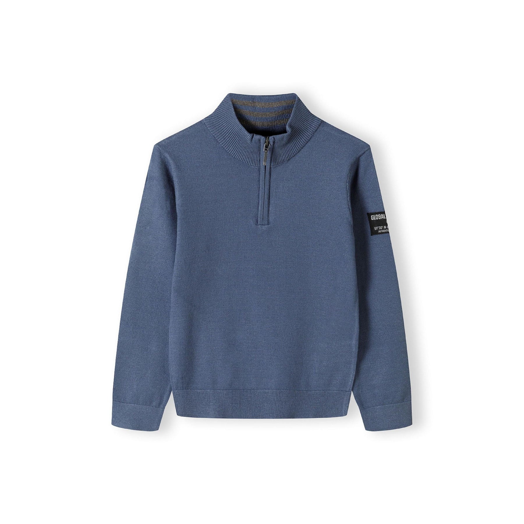 Back view of blue half zip jumper showing stand collar and ribbed texture detail on white background