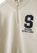 Boys half zip jumper with rib cuffs cream 3-14y featuring a half zip collar and embroidered Southern Baseball League logo.
