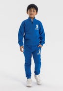 Boys half zip top with joggers cobalt blue 1-8y featuring stand-up collar, zip fastening, and kangaroo pocket. Perfect for warmer seasons.