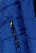Boys cobalt blue quilted puffer jacket with black zipper and reflective print