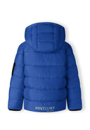 Cobalt blue boys jacket with quilted puffer design and reflective print