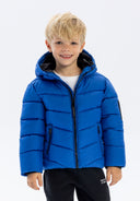 Boys cobalt blue quilted puffer jacket with black zipper and reflective print