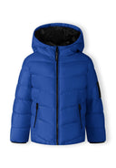 Cobalt blue boys jacket with black details and reflective print
