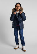Boys navy jacket with fleece lining and detachable fur hood