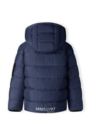 Boys navy blue hooded puffer jacket with reflective print