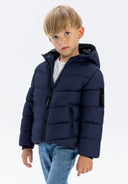 Boys navy blue hooded puffer jacket with reflective print