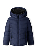 Boys navy blue hooded puffer jacket with reflective print
