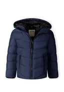 Boys navy blue hooded puffer jacket with reflective print