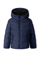Boys navy blue hooded puffer jacket with reflective print