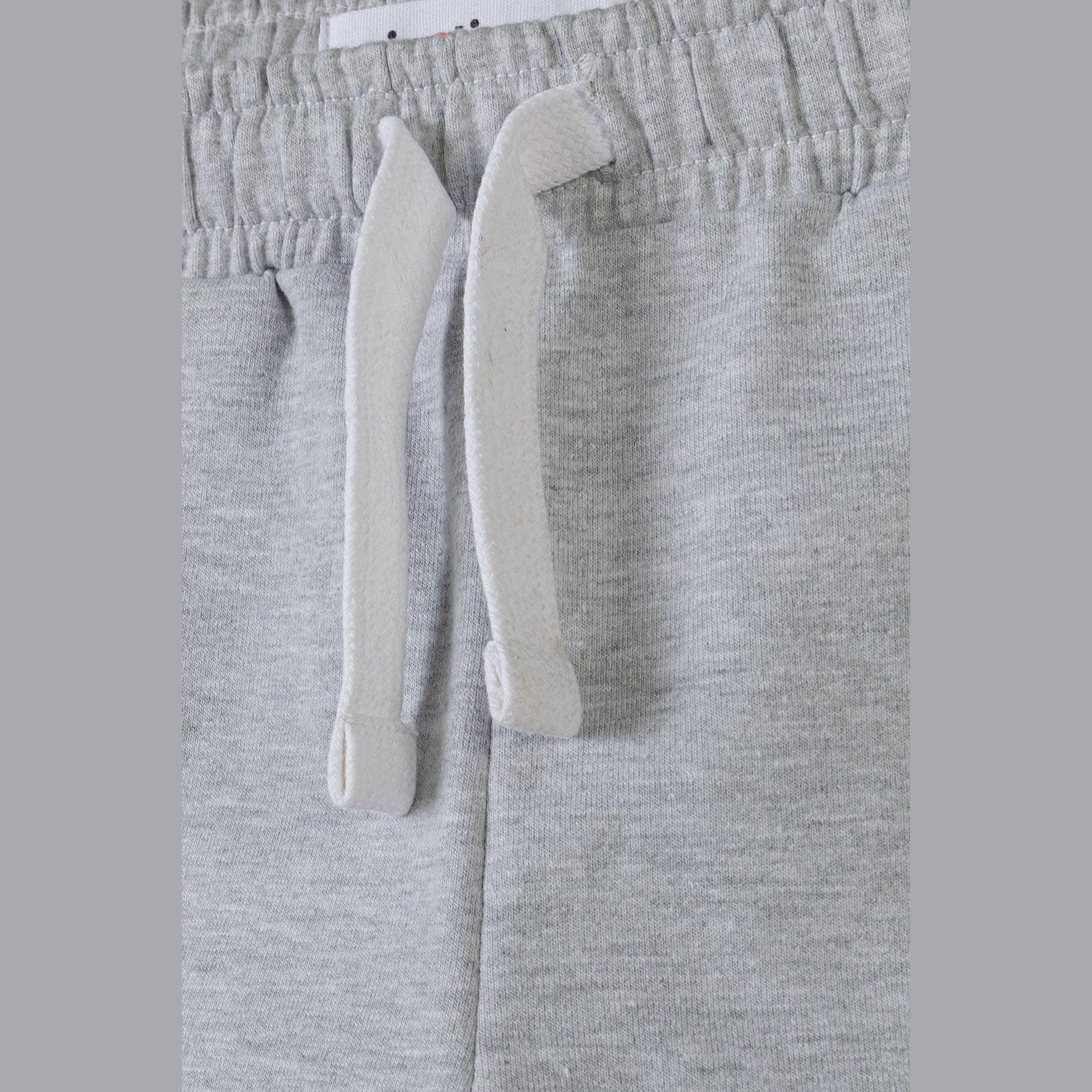 Detail view of grey marl fleece shorts showing elasticated waistband with white drawstring ties and relaxed fit styling