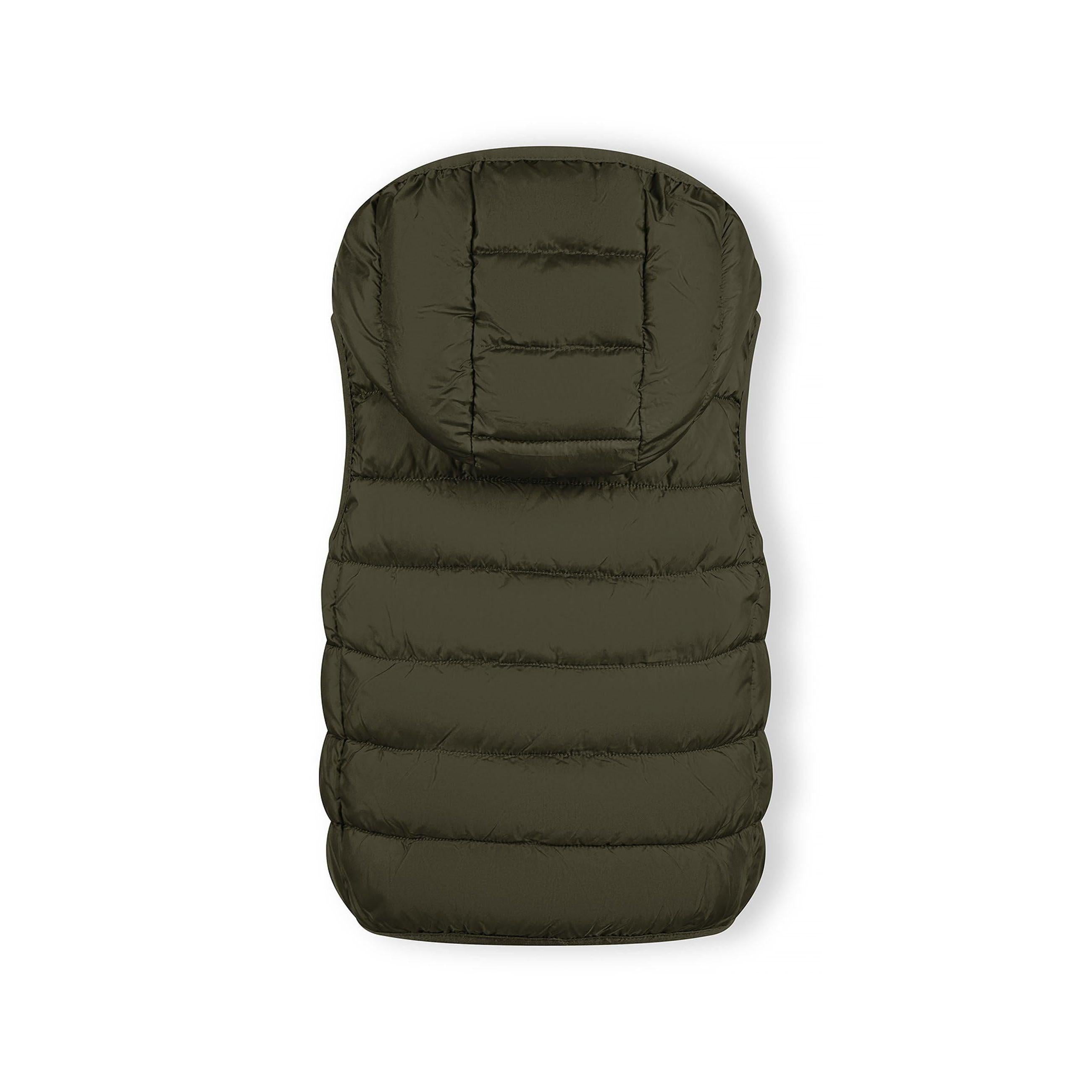 Close-up detail of khaki gilet showing quilted padding, zip closure and hood attachment