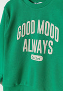 Boys oversized crew neck sweatshirt loose fit green 1-8y featuring a decorative print saying 'Good Mood Always'.  