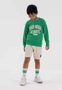 Boys oversized crew neck sweatshirt loose fit green 1-8y, featuring a playful 'Good Mood Always' print, perfect for casual wear.