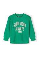 Boys oversized crew neck sweatshirt loose fit green 1-8y with decorative 'Good Mood Always' print. Soft and comfortable.