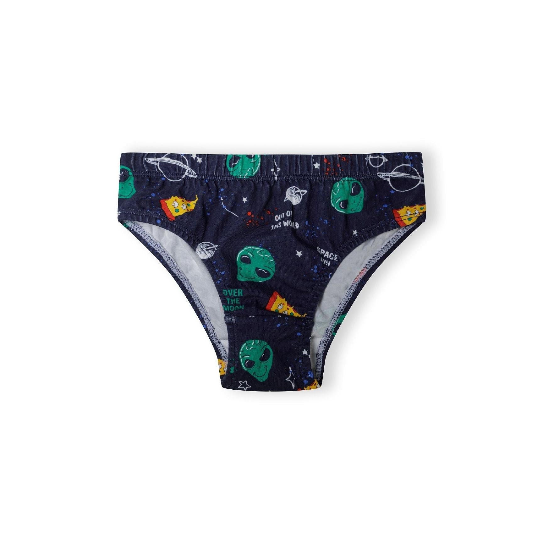 Single navy blue brief with colorful space print featuring green planets, rockets, aliens and space text on white background