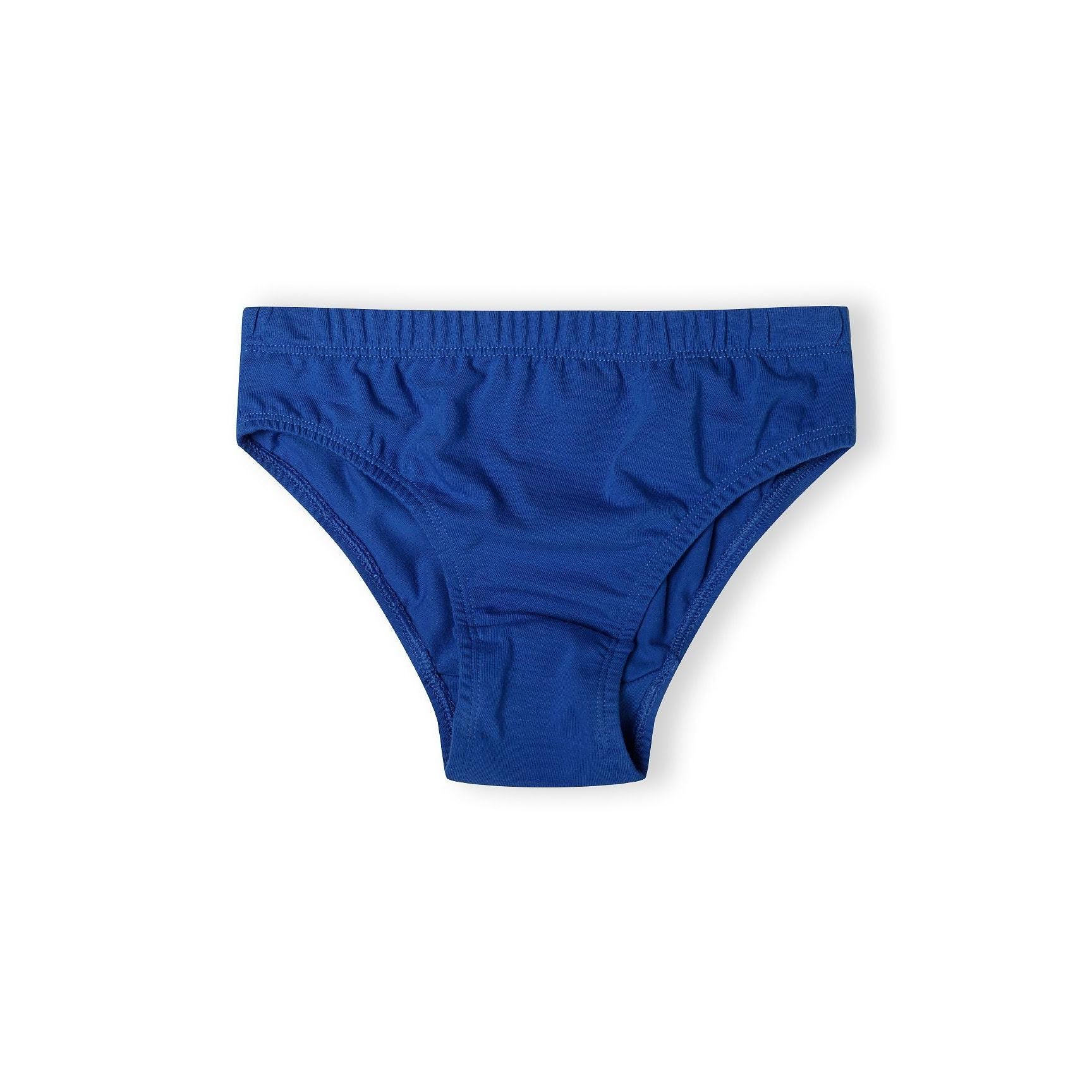 Single solid blue brief with elastic waistband shown flat on white background