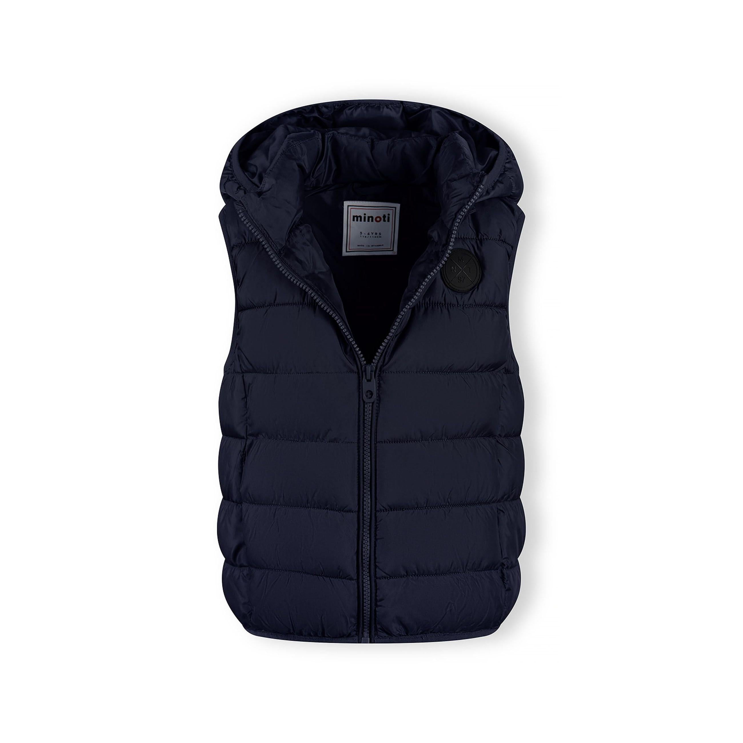 Navy padded gilet laid flat showing quilted design, detachable hood and Minoti label on white background