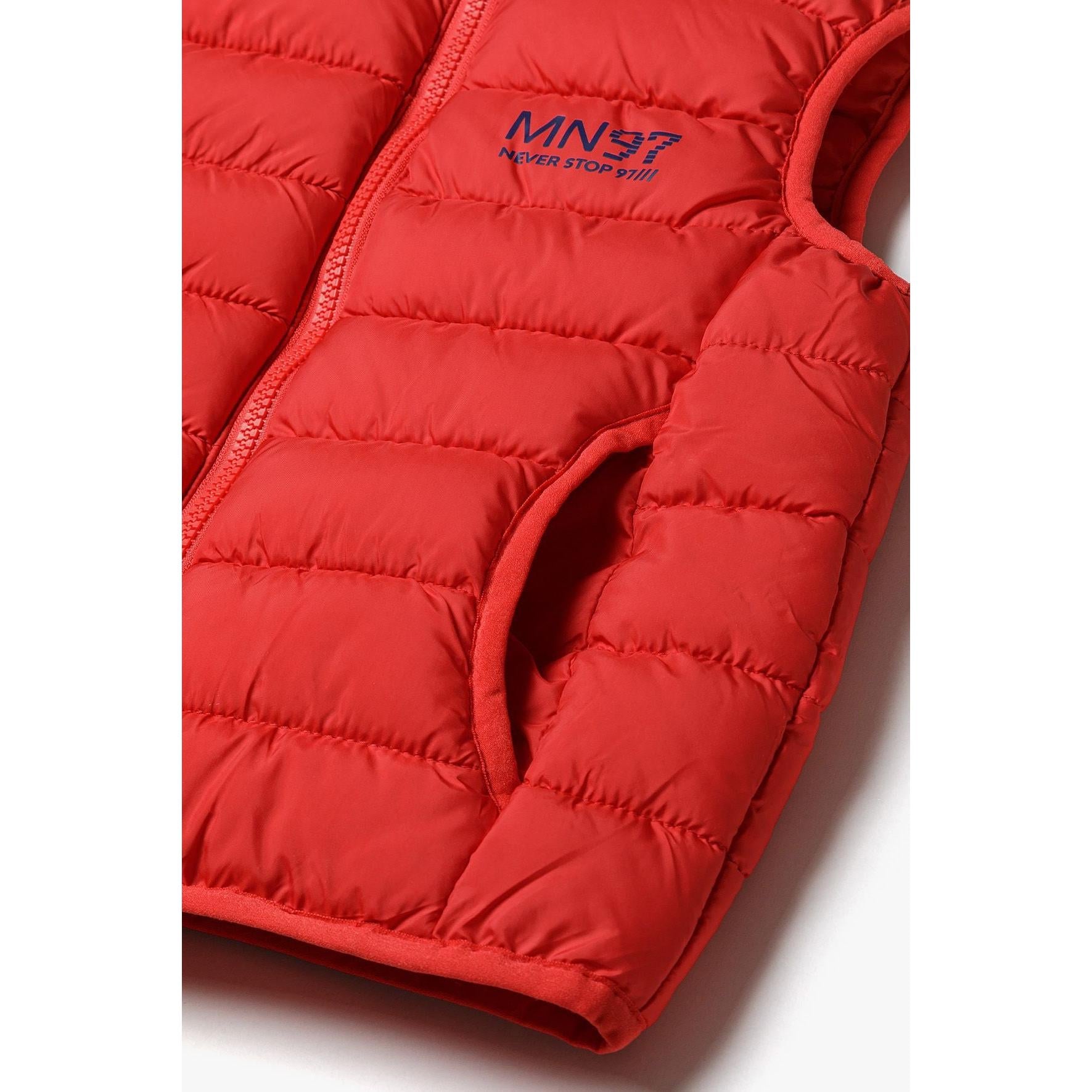 Close-up detail of red gilet showing zip fastening, Minoti label and chest print with contrast trim details